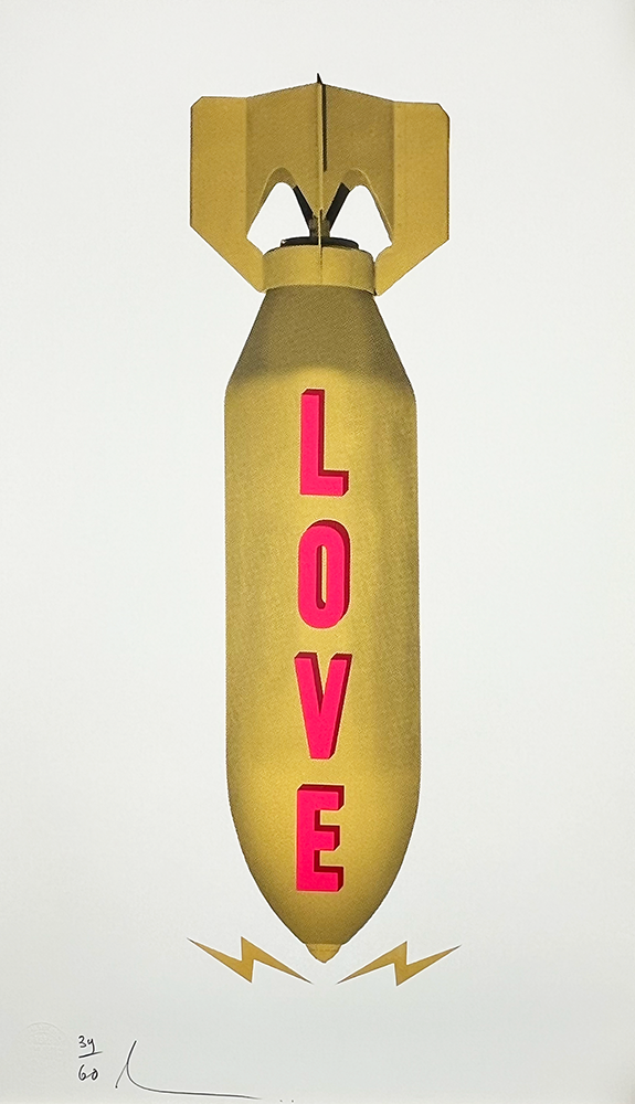 The Love Bomb - Limited Edition Screenprint features a golden bomb with "LOVE" in bold pink letters, pointing downward and surrounded by yellow impact lines below.