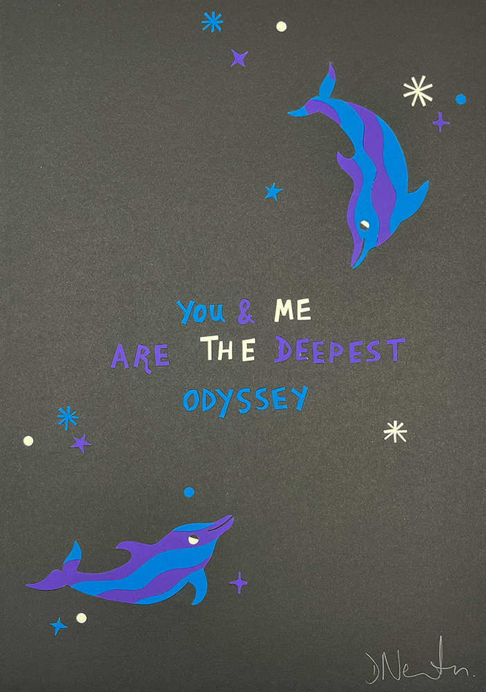 Two stylized blue and purple dolphins swim around colorful text on a dark background reading, "You & me are birds of a feather—the deepest odyssey," in the Birds of a Feather - Original Collage (Copy), surrounded by small stars and dots.