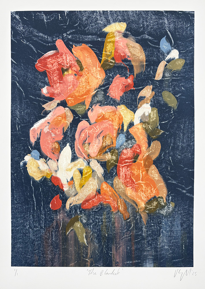 The Blanket - Original Monotype is a painting showcasing a bouquet of abstract orange, pink, and yellow flowers with green leaves set against a textured dark blue background.