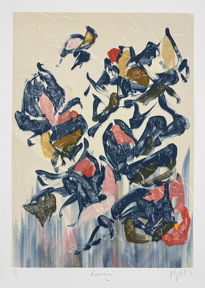 Becoming - Original Monotype features bold navy blue, pink, gold, and red brushstrokes on a textured beige background, forming loosely clustered organic shapes.