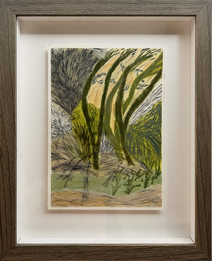 Settling In 2025 - Original Artwork is a framed abstract painting with green and yellow brushstrokes evoking bent trees or tall grass on a muted, textured background.