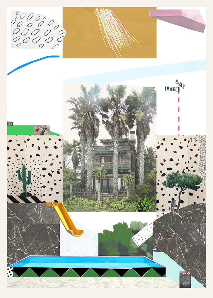 Disco At The Wellness Retreat (mini) is a digital collage with a central house, palm trees, abstract shapes, colorful patterns, a yellow slide, cactus, and vibrant pool elements artfully layered throughout.