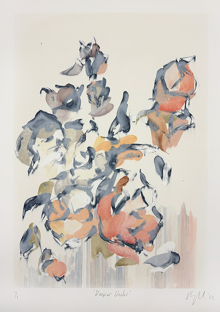 Deeper Under Ghost - Original Monotype" is an abstract watercolor painting with layered brushstrokes in gray, orange, and beige, creating organic cloud-like shapes against a light background.