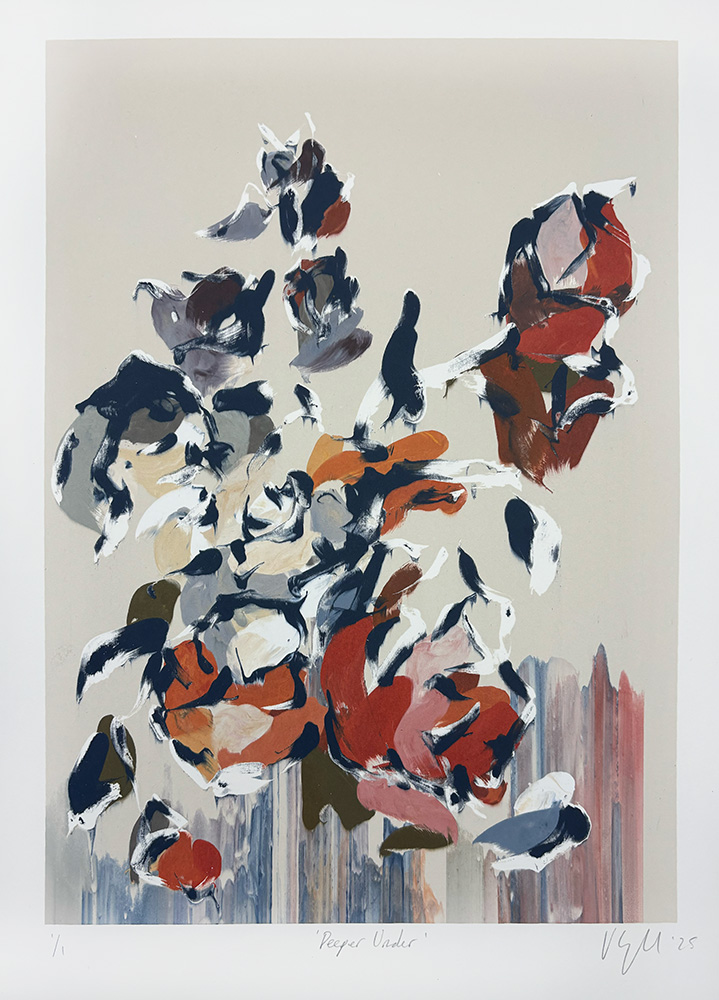 Deeper Under - Original Monotype: Abstract floral painting in red, navy, white, and beige on a neutral background with vertical brushstrokes at the bottom.