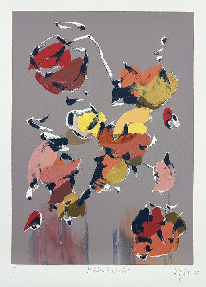 Different Comfort - Original Monotype" features abstract, floating flowers in red, yellow, and orange with white and black accents on a gray background; the piece is signed and dated at the bottom.