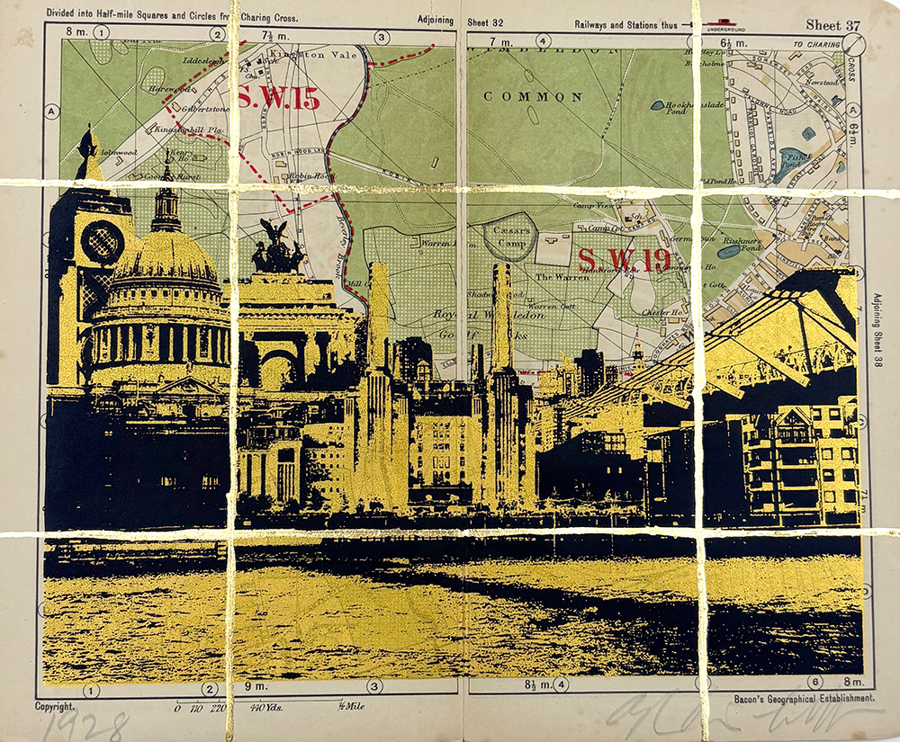 A vintage city map overlaid with yellow and black illustrations of London landmarks, including St. Paul’s Cathedral and the River Thames, with grid lines and labeled sections S.W.15 and S.W.19.