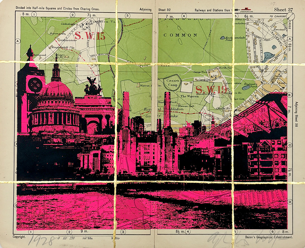 The Battersea Power Station - Original Artwork (Copy) features a vintage London map overlaid with bold pink, black, and gold ink illustrations of St. Paul’s Cathedral, Battersea Power Station, and Thames-side urban buildings.