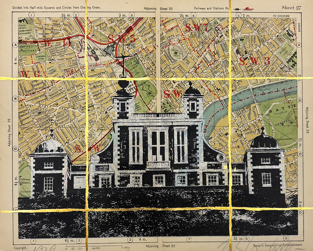 London Panoramic I - Original Artwork (Copy) features a vintage city map with a black silhouette of a historic building, divided into nine sections by yellow grid lines—adding timeless urban charm to any space.