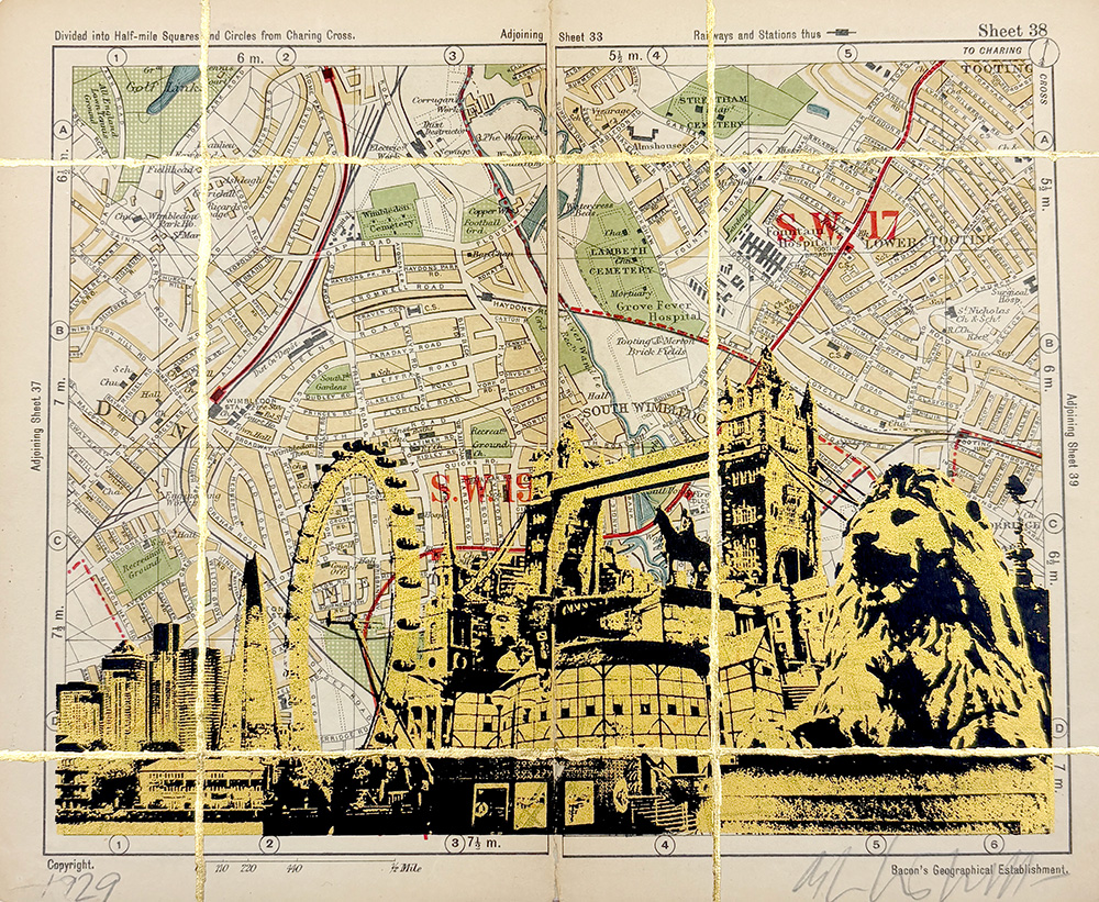 A vintage London map with the London Eye, Tower Bridge, and a lion statue in black and yellow tones, featuring Battersea Power Station - Original Artwork (Copy) for a distinctive touch.