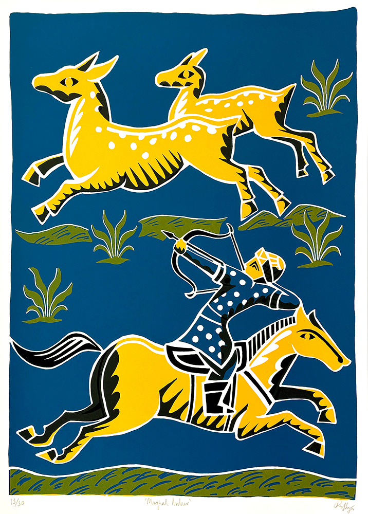 Stylized illustration of a mounted archer aiming at two leaping deer, set against a blue background with simple green plants.
