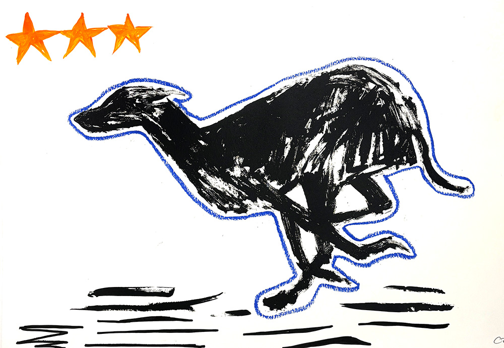 Black, sketch-like dog in a running pose outlined in blue, with three orange stars above its head on a white background. Black lines suggest motion on the ground.