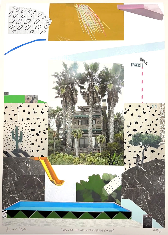 The artwork Disco At The Wellness Retreat (mini) is a vibrant mixed-media collage featuring palm trees and a building, surrounded by abstract patterns, colorful shapes, and unique cutout textures.