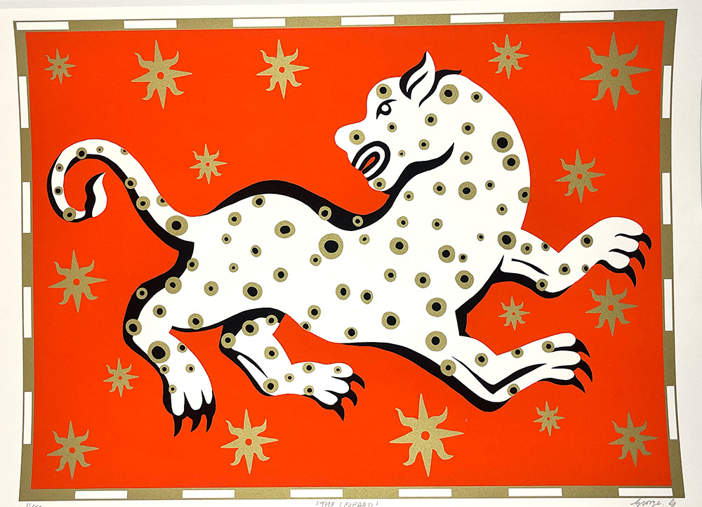 A graphic illustration of a white, spotted leopard with gold and black eyes, leaping against a bold red background with gold star shapes.
