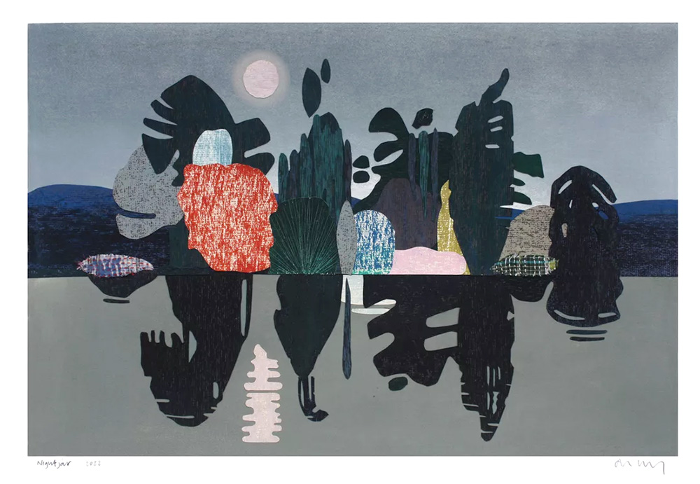 Abstract landscape with colorful, textured shapes resembling trees reflected in a calm body of water under a pale sky with a visible moon.