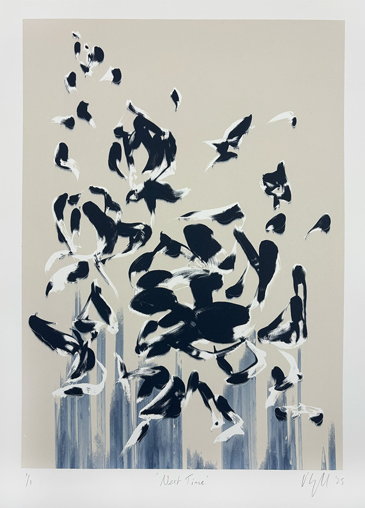 Next Time - Original Monotype presents abstract black and white brushstrokes on a beige background, accented by vertical blue-gray streaks near the bottom.