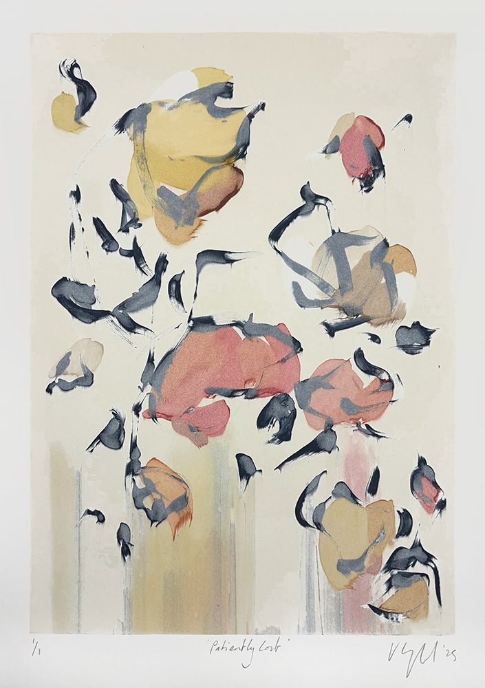 Patiently Lost (Ghost) - Original Monotype features scattered yellow, red, and black brushstrokes on a light background. Loosely clustered shapes evoke an ethereal feel. Signed and dated at the bottom.