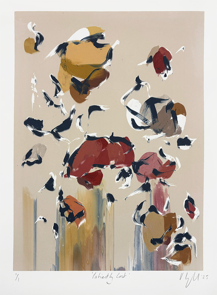 Patiently Lost - Original Monotype: Abstract art with red, yellow, brown, and black brushstrokes clustered on a beige background accented by subtle white highlights.