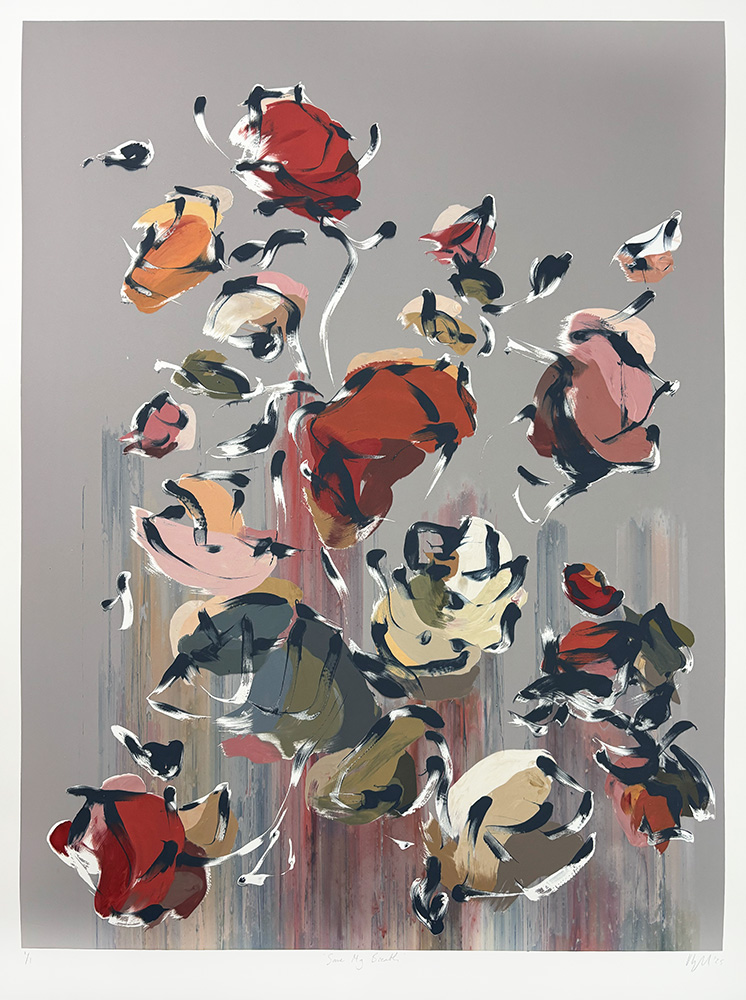 Save my Breath - Original Monotype showcases abstract red, pink, and yellow roses painted with expressive brushstrokes on a neutral gray background.