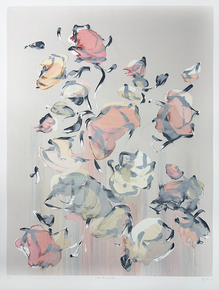Inspired by Save my Breath (Ghost) - Original Monotype, this abstract painting features loosely rendered flowers in pastel pink, yellow, and gray on a light background.