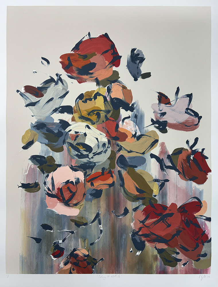 An original monotype, "Taking it With Us," featuring abstract roses in red, pink, yellow, and white with bold brushstrokes and scattered petals on a neutral background.