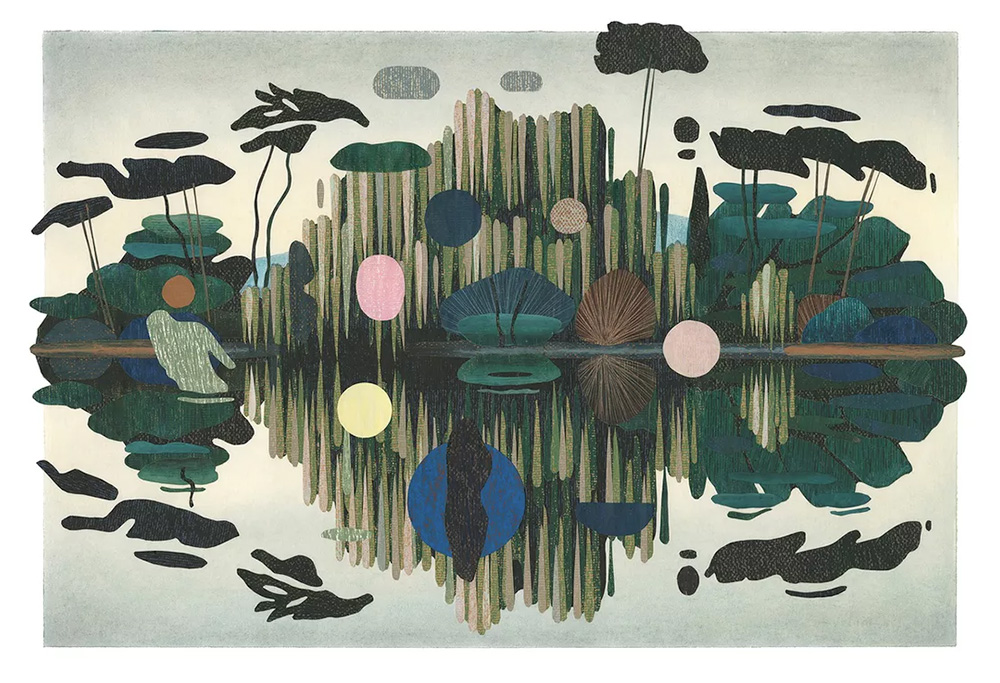 Abstract illustration of an island with trees and geometric shapes reflected in calm water, featuring muted greens, blues, and pinks.
