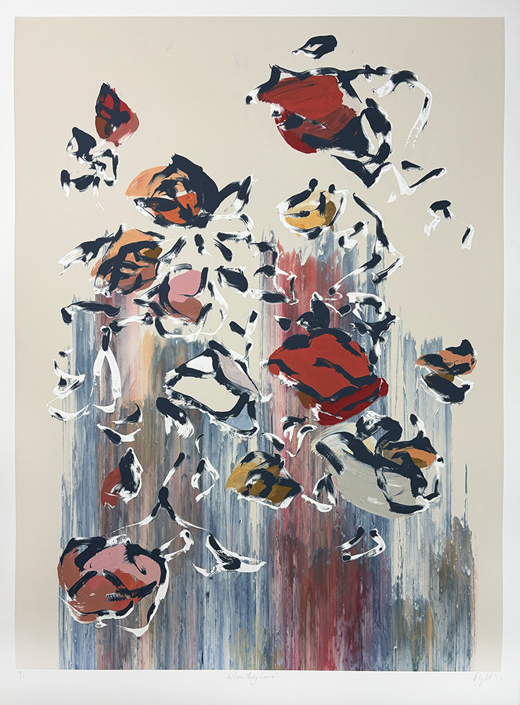 When They Leave - Original Monotype features an abstract composition of red, black, and beige fragmented shapes over muted vertical brushstrokes.