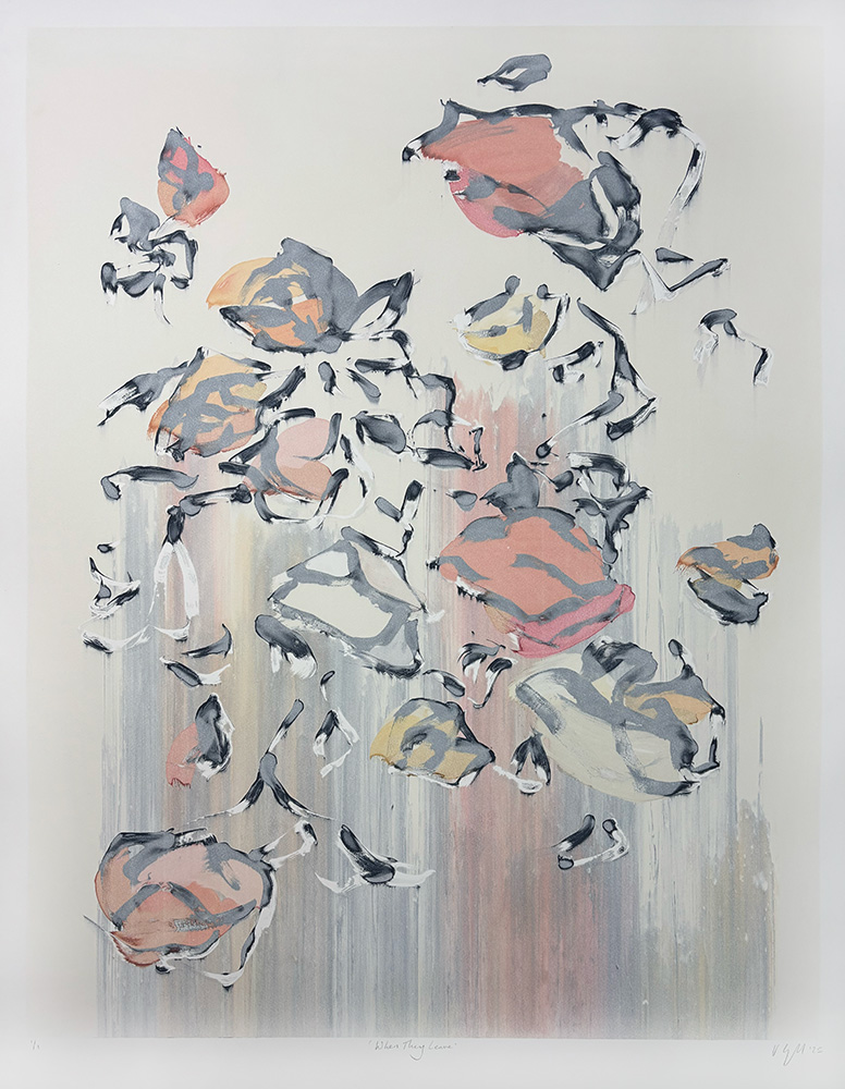 When They Leave (Ghost) - Original Monotype: An abstract artwork with scattered, loosely defined floral shapes in muted pink, yellow, gray, and black on a softly blended vertical background.