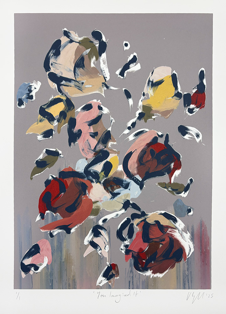 You Imagined This - Original Monotype features an abstract painting of loosely defined red, yellow, and pink flowers with bold brushstrokes on a light gray background, bursting with color and expressive movement.
