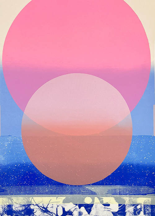 Abstract art by Print Club London featuring two overlapping translucent circles in pink and peach tones above a textured blue and white background with scattered speckled patterns.