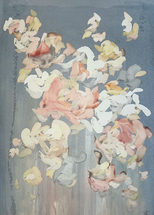 Abstract painting featuring soft, overlapping shapes in pastel pink, yellow, white, and gray tones against a muted blue-gray background—a modern piece inspired by the aesthetic of Print Club London.