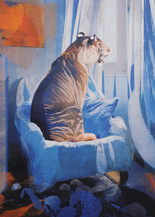 A tiger sits upright on a cushioned chair in a brightly lit room, facing a window with sheer white curtains and blue accents—a whimsical scene inspired by Print Club London.