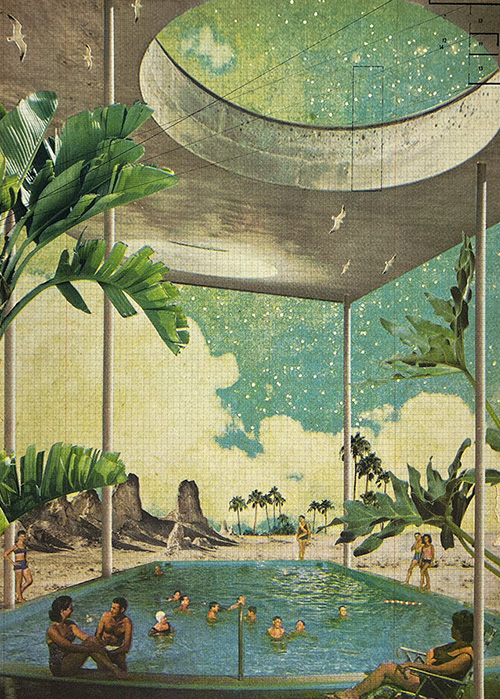 People swim and relax by a pool surrounded by tropical plants under a large open structure, with a sky full of stars and clouds visible through a circular opening above—an atmosphere reminiscent of Print Club London’s vibrant energy.