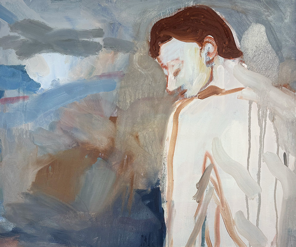The Last Look - Original Painting features an abstract figure with short brown hair, turned away and looking down, surrounded by muted blue, gray, and brown brushstrokes.