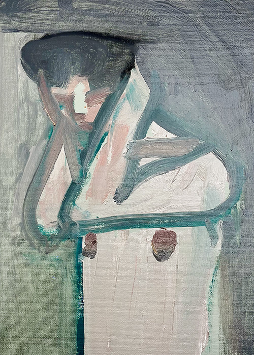 Abstract painting featuring muted tones of gray, green, and white, with sweeping brushstrokes creating an ambiguous, geometric form atop a pale background—perfect for any modern space and available exclusively through Print Club London.