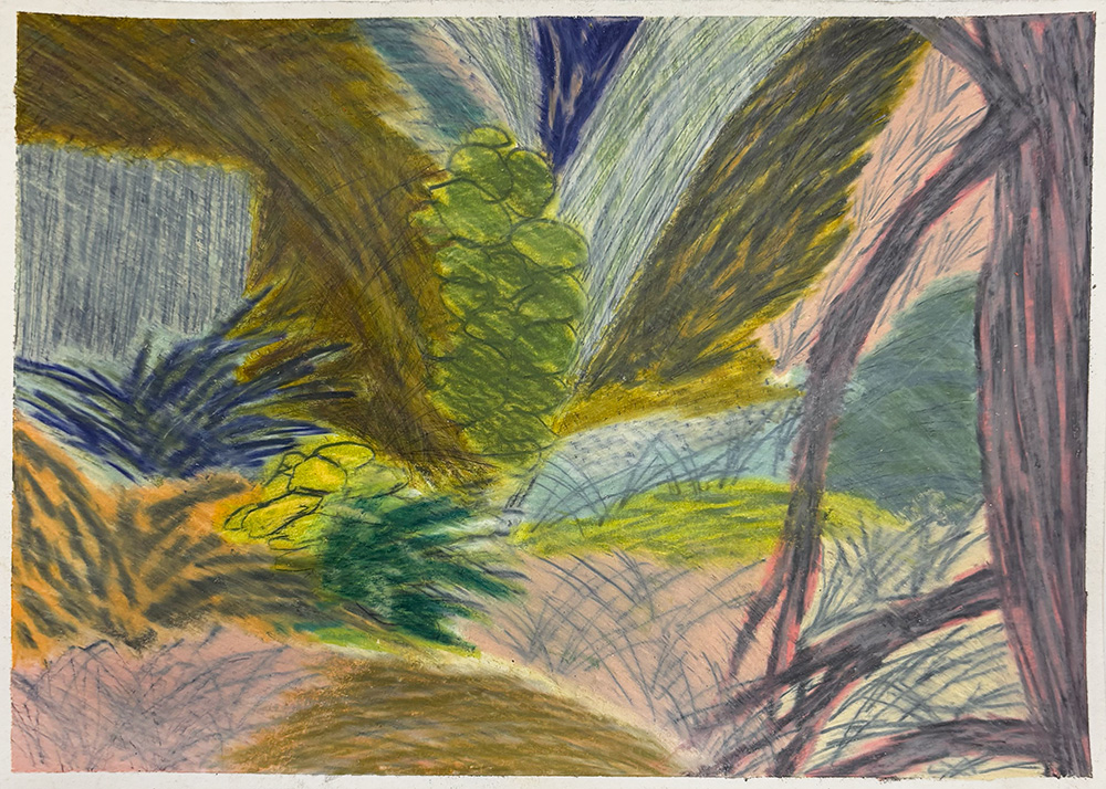 Colorful abstract drawing of a natural landscape with trees, bushes, and foliage in green, yellow, brown, and blue tones.