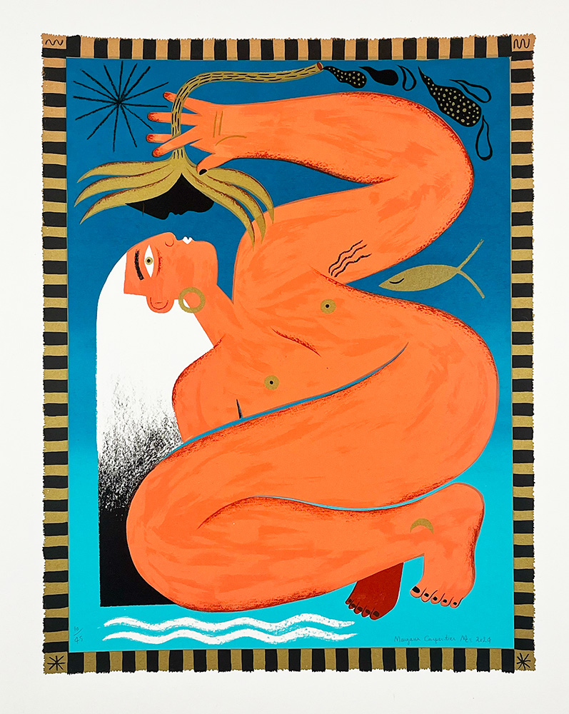 A stylized, orange nude figure with white hair poses against a blue background, holding green leaves near their mouth, surrounded by abstract shapes and a patterned border.