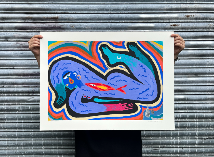 Person holding a colorful abstract painting—a reclining figure with wavy lines and bold shapes in blue, red, orange, and green—in front of a corrugated metal background, reminiscent of the vibrant style found at Print Club London.