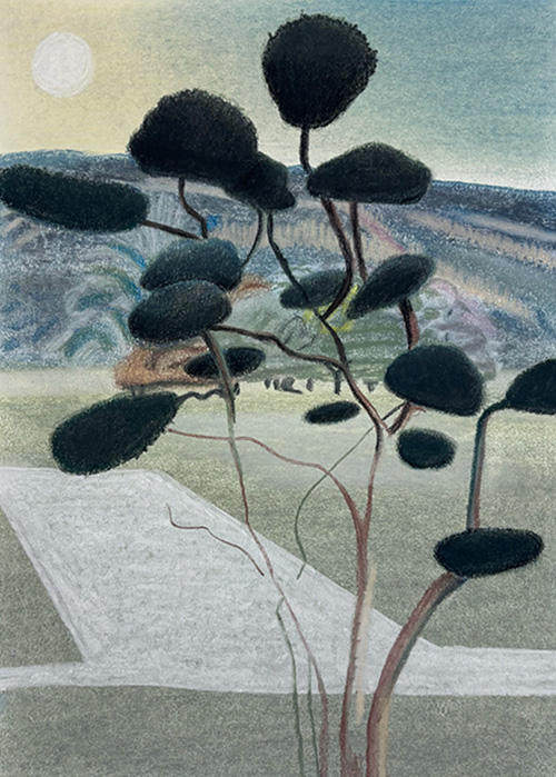 A stylized drawing of a tree with dark, rounded foliage in the foreground, set against a muted landscape with a hill, sky, and sun in the background—evoking the signature aesthetic of Print Club London.