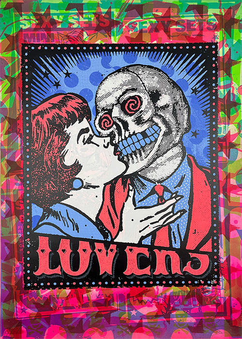 A woman in vintage clothing kisses a skeleton in a suit with spiral eyes; the word "LUVERS" appears at the bottom, framed by neon colors and text; inspired by Print Club London’s vibrant aesthetic.