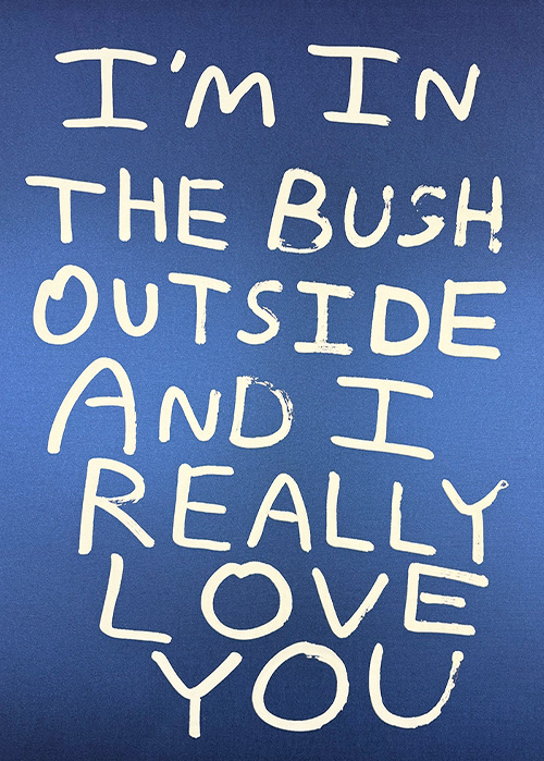 White handwritten text on a blue background reads: "I'M IN THE BUSH OUTSIDE AND I REALLY LOVE YOU." A charming Print Club London design that captures heartfelt emotion in a simple, modern style.