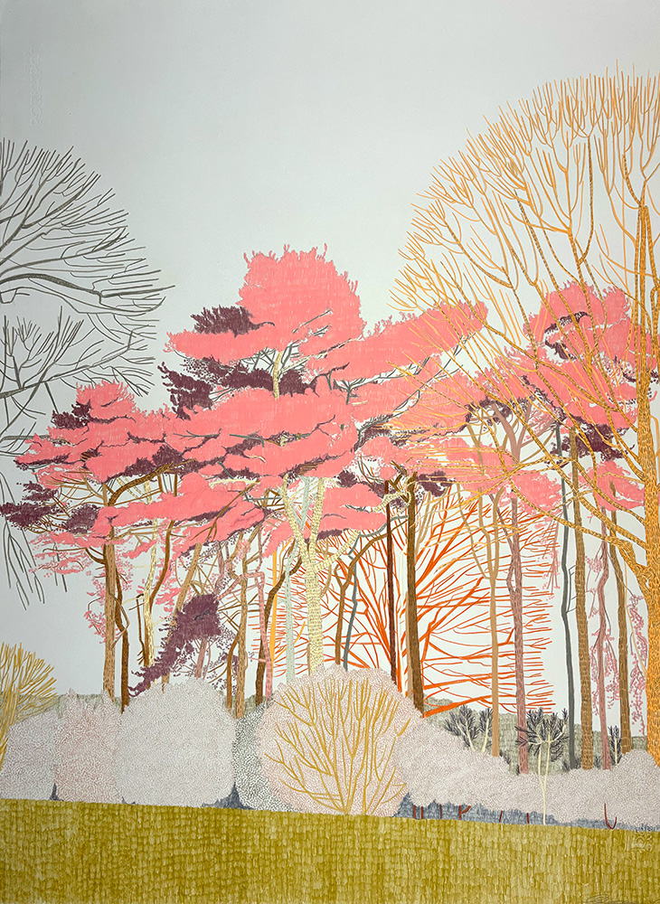 Original artwork "Nice View from the Heath, Hampstead, Study 1" features tall trees with pink and gold leaves, thin bare branches, and round shrubs on grass under a light gray sky.