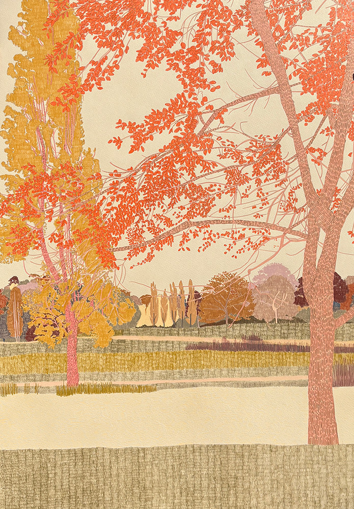 Original artwork "Big Trees at Bergius Botanical Gardens, Stockholm, Study 1" features an autumn landscape with vivid orange and yellow trees in the foreground and softer, distant trees beneath a light sky.