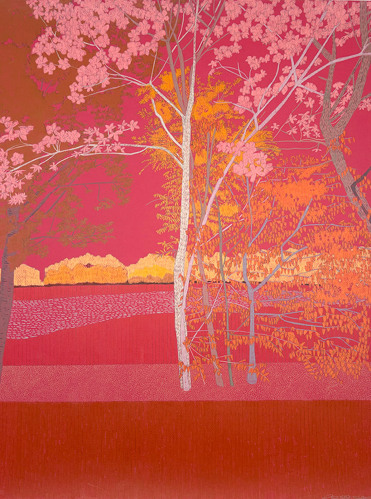 Big Trees at Battersea Embankment, Study 1 - Original Artwork depicts stylized trees with pink and orange foliage beside water, all portrayed in warm red and pink tones.