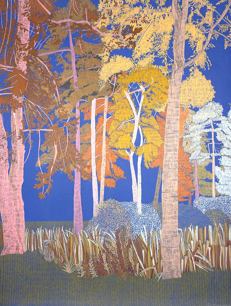 Inspired by "Tall Trees at Tatton Park, Study 1 - Original Artwork," this illustration features slender yellow, orange, pink, and white trees against a deep blue background, with grasses and low plants in the foreground.