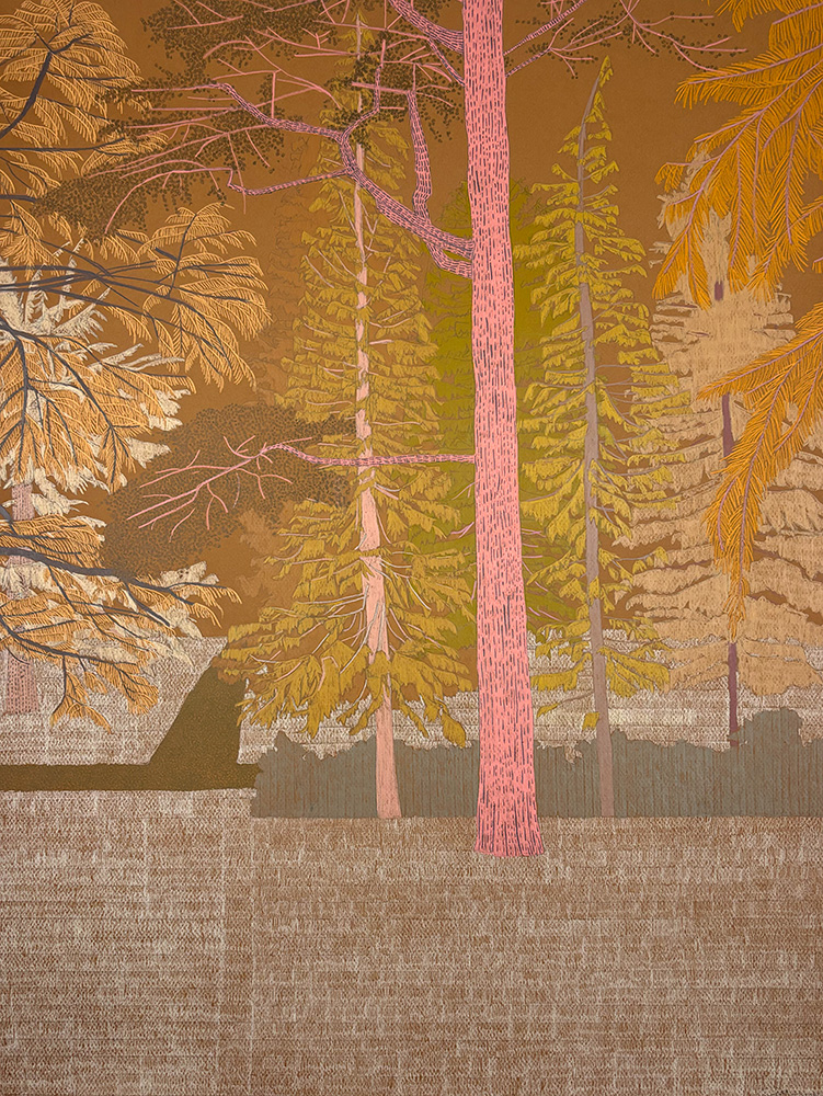 Following the Trail at Kew Gardens, Study 1 – Original Artwork features a forest scene with diverse trees and a distinctive pink tree at the center, set against a brown, muted background.