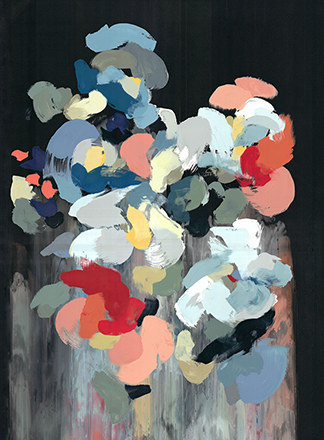 Abstract painting of a bouquet in a vase, featuring broad, colorful brushstrokes on a dark background.