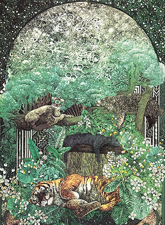 A tiger sleeps in dense green foliage while a sloth and a bear perch on tree branches above, all under a large moon in a starry sky.