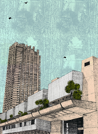 Illustration of a modern brutalist building with a tall tower and blocky structures, set against a textured blue sky with flying birds and palm trees in the foreground.