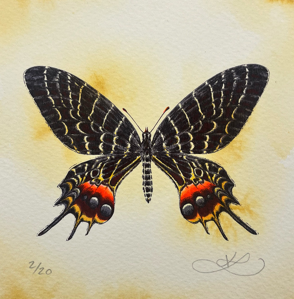 Bhutan Glory - Hand Finished Screen Print showcases a detailed black swallowtail butterfly with red and orange hind wing markings on a light textured background, complete with visible artist signatures and unique numbering.