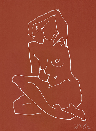 White line drawing of a seated nude figure with one arm raised on a reddish-brown background.